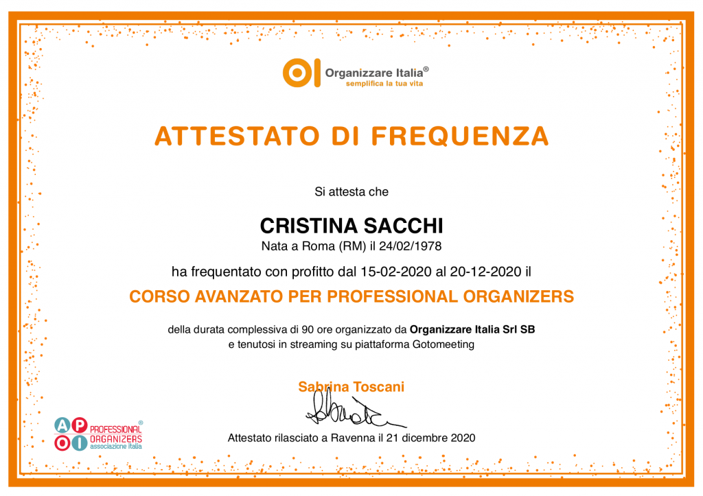 Attestato frequenza Organizzare Italia Cristina Sacchi 